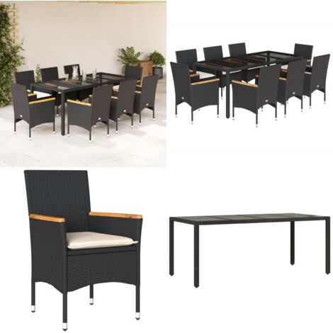 Set comedor jardín 9 pzas cojines ratán sintético vidrio negro - Muebles de jardín - Cojines para jardín