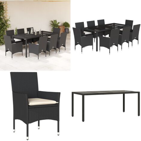 Set comedor jardín 9 pzas cojines ratán sintético vidrio negro - Muebles de jardín - Cojines para jardín