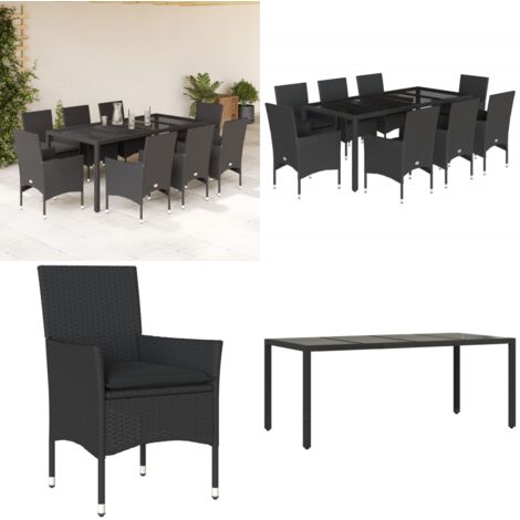 Set comedor jardín 9 pzas cojines ratán sintético vidrio negro - Muebles de jardín - Cojines para jardín