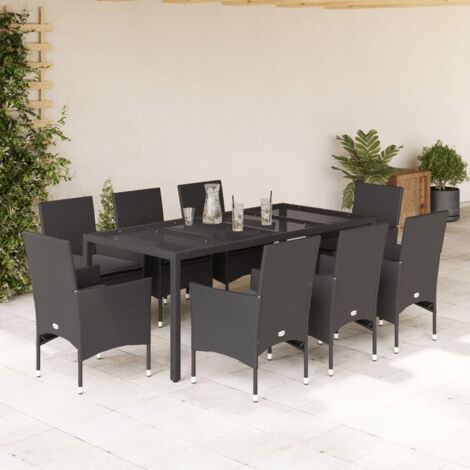 Set comedor jardín 9 pzas cojines ratán sintético vidrio negro vidaXL
