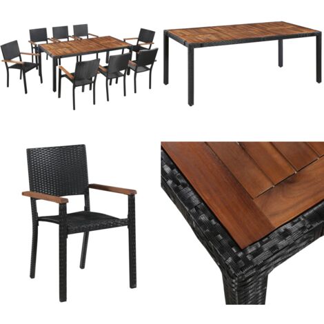 Set comedor jardín 9 pzas ratán sintético y madera acacia negro - Sillas de jardín - Mesa de comedor