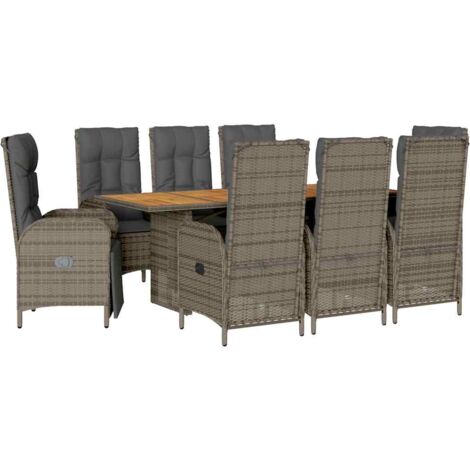 Set comedor jardín 9 pzas y cojines ratán sintético gris