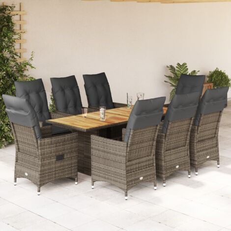 Set comedor jardín 9 pzas y cojines ratán sintético gris
