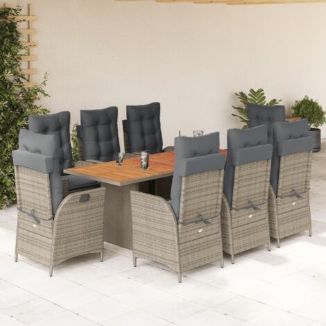 Set comedor jardín 9 pzas y cojines ratán sintético gris