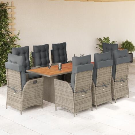 Set comedor jardín 9 pzas y cojines ratán sintético gris