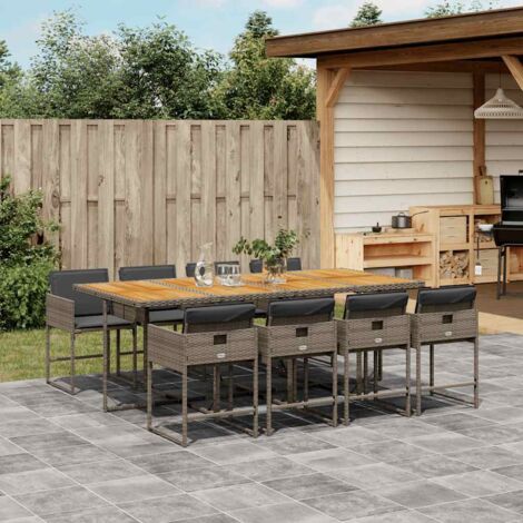 Set comedor jardín 9 pzas y cojines ratán sintético gris