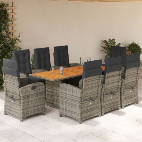 Set comedor jardín 9 pzas y cojines ratán sintético gris
