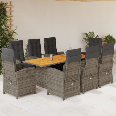 Set comedor jardín 9 pzas y cojines ratán sintético gris