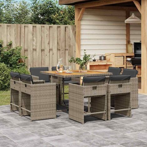 Set comedor jardín 9 pzas y cojines ratán sintético gris