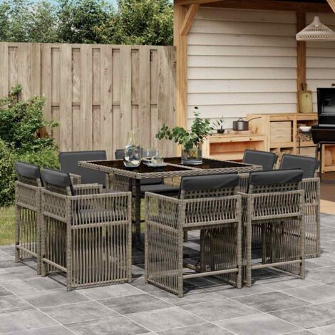 Set comedor jardín 9 pzas y cojines ratán sintético gris