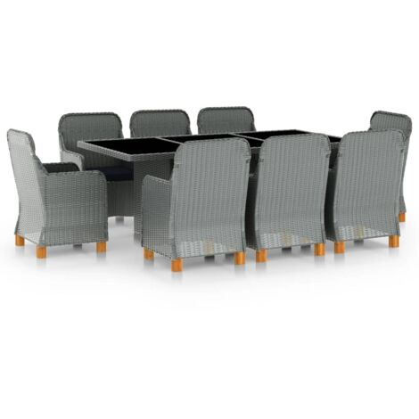 Set comedor jardín 9 pzas y cojines ratán sintético gris claro vidaXL