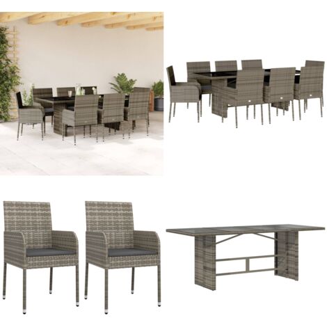 Set comedor jardín 9 pzas y cojines ratán sintético gris - Muebles de jardín - Sillas de jardín