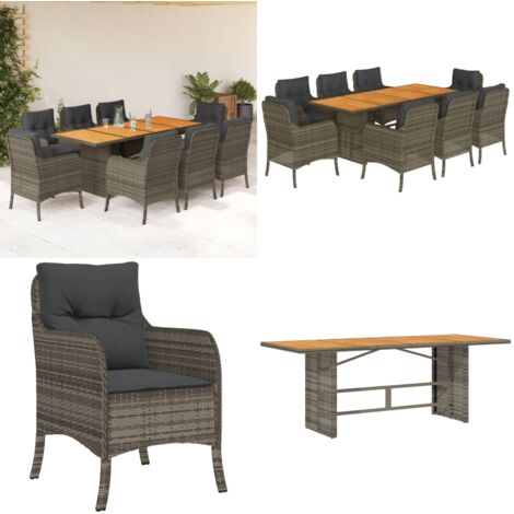 Set comedor jardín 9 pzas y cojines ratán sintético gris - Muebles de jardín - Sillas de jardín