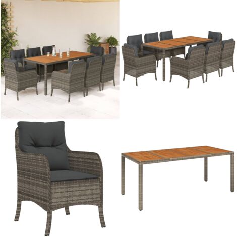 Set comedor jardín 9 pzas y cojines ratán sintético gris - Muebles de jardín - Sillas de jardín