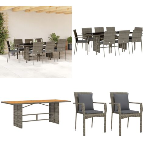 Set comedor jardín 9 pzas y cojines ratán sintético gris - Muebles de jardín - Sillas de jardín