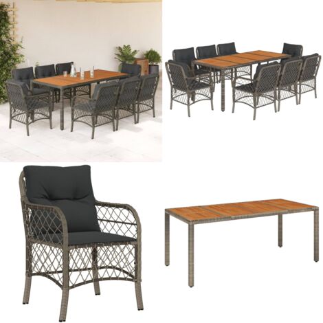 Set comedor jardín 9 pzas y cojines ratán sintético gris - Muebles de jardín - Sillas de jardín