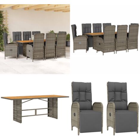 Set comedor jardín 9 pzas y cojines ratán sintético gris - Muebles de jardín - Sillas de jardín