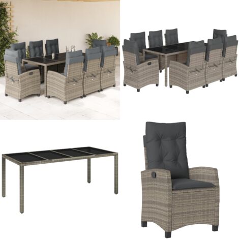 Set comedor jardín 9 pzas y cojines ratán sintético gris - Muebles de jardín - Sillas de jardín