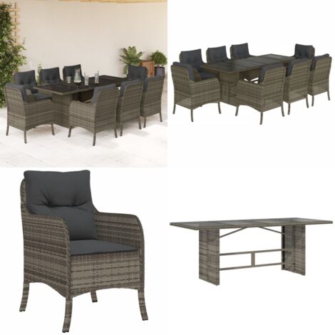Set comedor jardín 9 pzas y cojines ratán sintético gris - Muebles de jardín - Sillas de jardín