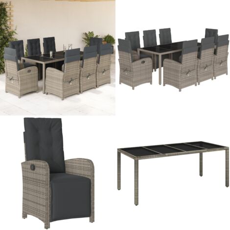 Set comedor jardín 9 pzas y cojines ratán sintético gris - Sillas de jardín - Cojines de asiento