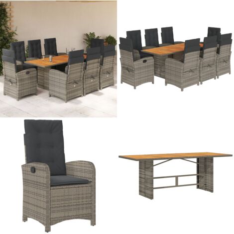 Set comedor jardín 9 pzas y cojines ratán sintético gris - Sillas de jardín - Cojines de asiento