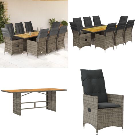 Set comedor jardín 9 pzas y cojines ratán sintético gris - Sillas de jardín - Cojines para jardín