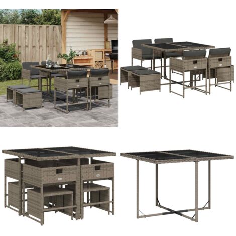 Set comedor jardín 9 pzas y cojines ratán sintético gris - Sillas de jardín - Cojines para sillas