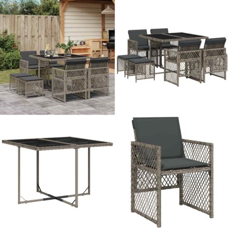 Set comedor jardín 9 pzas y cojines ratán sintético gris - Sillas de jardín - Cojines para sillas