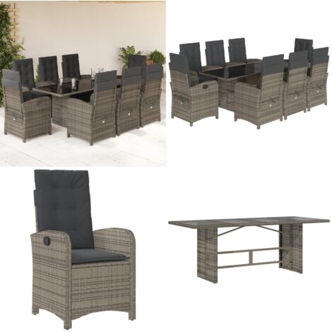Set comedor jardín 9 pzas y cojines ratán sintético gris - Sillas de jardín - Cojines para sillas