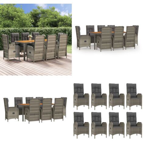 Set comedor jardín 9 pzas y cojines ratán sintético gris - Sillas de jardín - Cojines sintéticos
