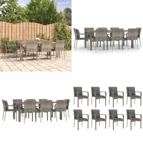 Set comedor jardín 9 pzas y cojines ratán sintético gris - Sillas de jardín - Cojines sintéticos