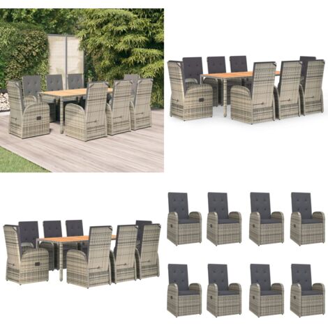 Set comedor jardín 9 pzas y cojines ratán sintético gris - Sillas de jardín - Cojines sintéticos
