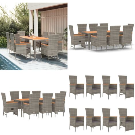 Set comedor jardín 9 pzas y cojines ratán sintético gris - Sillas de jardín - Cojines sintéticos