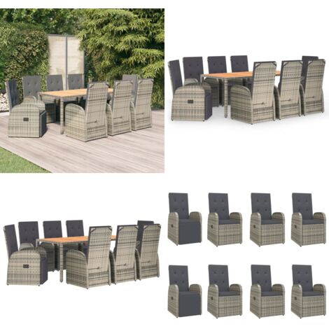 Set comedor jardín 9 pzas y cojines ratán sintético gris - Sillas de jardín - Cojines sintéticos