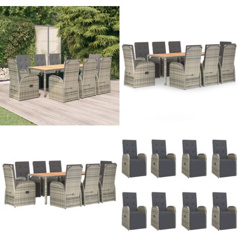 Set comedor jardín 9 pzas y cojines ratán sintético gris - Sillas de jardín - Cojines sintéticos