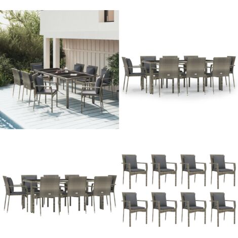 Set comedor jardín 9 pzas y cojines ratán sintético gris - Sillas de jardín - Cojines sintéticos