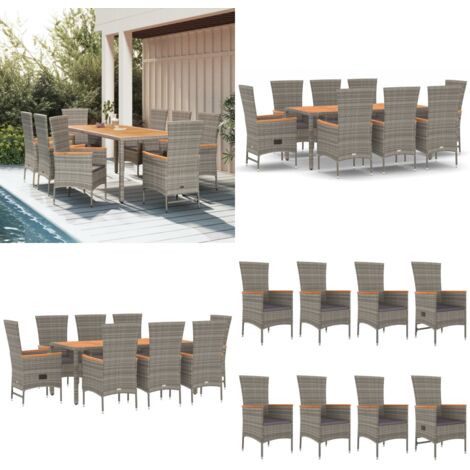 Set comedor jardín 9 pzas y cojines ratán sintético gris - Sillas de jardín - Cojines sintéticos