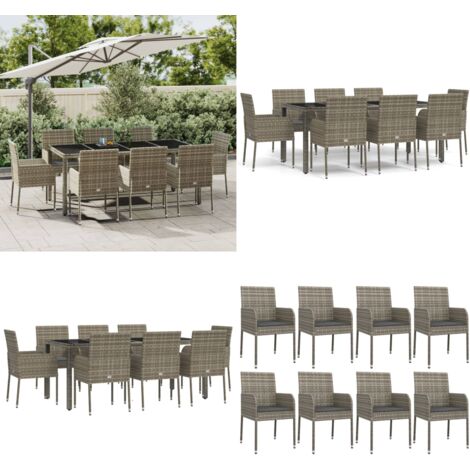 Set comedor jardín 9 pzas y cojines ratán sintético gris - Sillas de jardín - Mesa de jardín