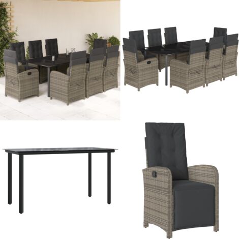 Set comedor jardín 9 pzas y cojines ratán sintético gris - Sillas de jardín reclinables - Cojines para jardín