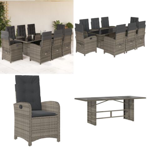 Set comedor jardín 9 pzas y cojines ratán sintético gris - Sillas de jardín reclinables - Cojines para jardín