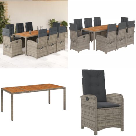 Set comedor jardín 9 pzas y cojines ratán sintético gris - Sillas de jardín reclinables - Cojines para jardín
