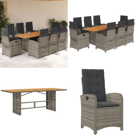 Set comedor jardín 9 pzas y cojines ratán sintético gris - Sillas de jardín reclinables - Cojines para sillas