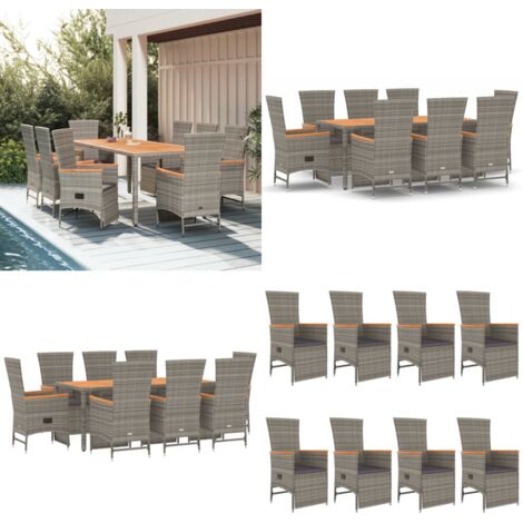 Set comedor jardín 9 pzas y cojines ratán sintético gris - Sillas de jardín reclinables - Cojines sintéticos