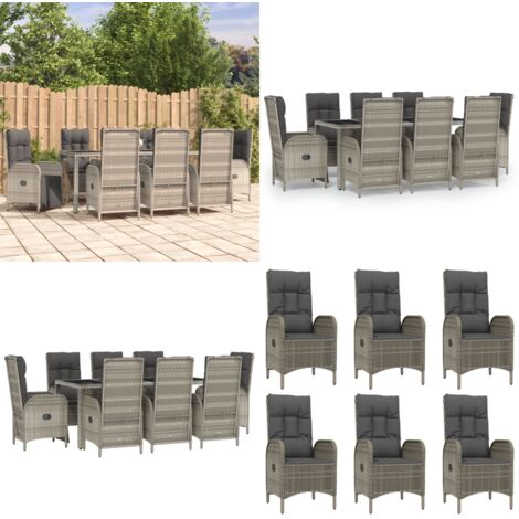Set comedor jardín 9 pzas y cojines ratán sintético gris - Sillas de jardín reclinables - Ratán sintético