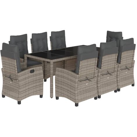 Set comedor jardín 9 pzas y cojines ratán sintético gris vidaXL