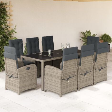 Set comedor jardín 9 pzas y cojines ratán sintético gris vidaXL