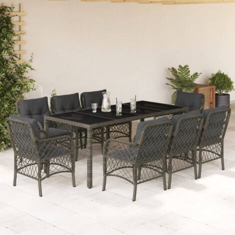 Set comedor jardín 9 pzas y cojines ratán sintético gris vidaXL