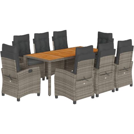 Set comedor jardín 9 pzas y cojines ratán sintético gris vidaXL