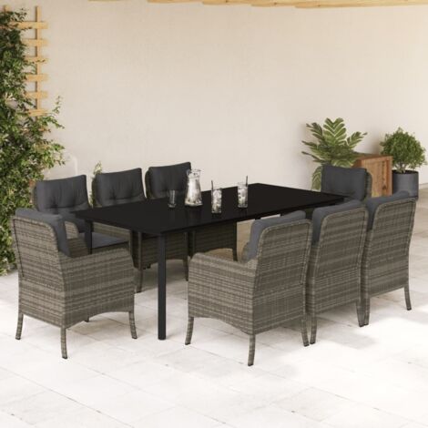 Set comedor jardín 9 pzas y cojines ratán sintético gris vidaXL