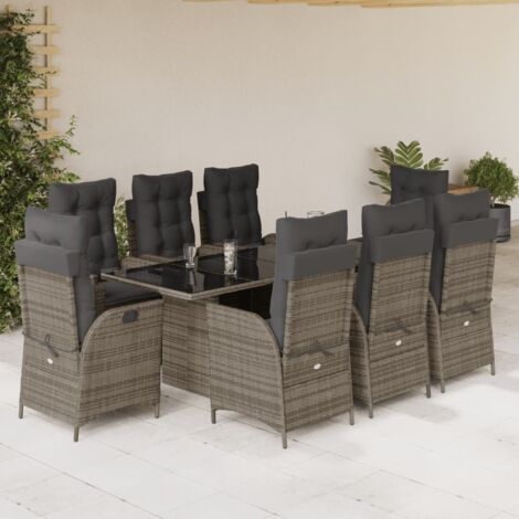 Set comedor jardín 9 pzas y cojines ratán sintético gris vidaXL